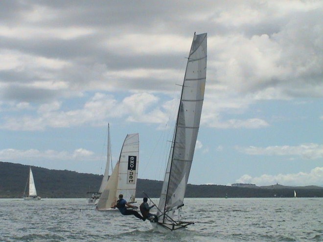Exonet finds a shift to pass Nice Action Too in Heat 6 - 12ft Skiff Interdominion Selection Trials © Eddie Markey